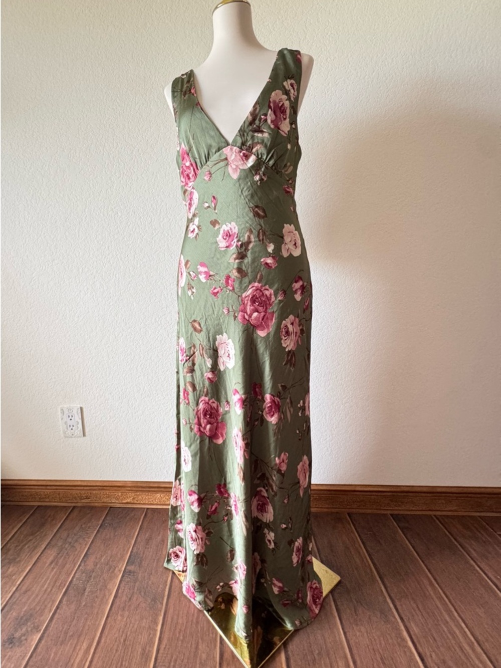 Floral V-Neck Maxi Dress in Olive Green with Pink Rose Print